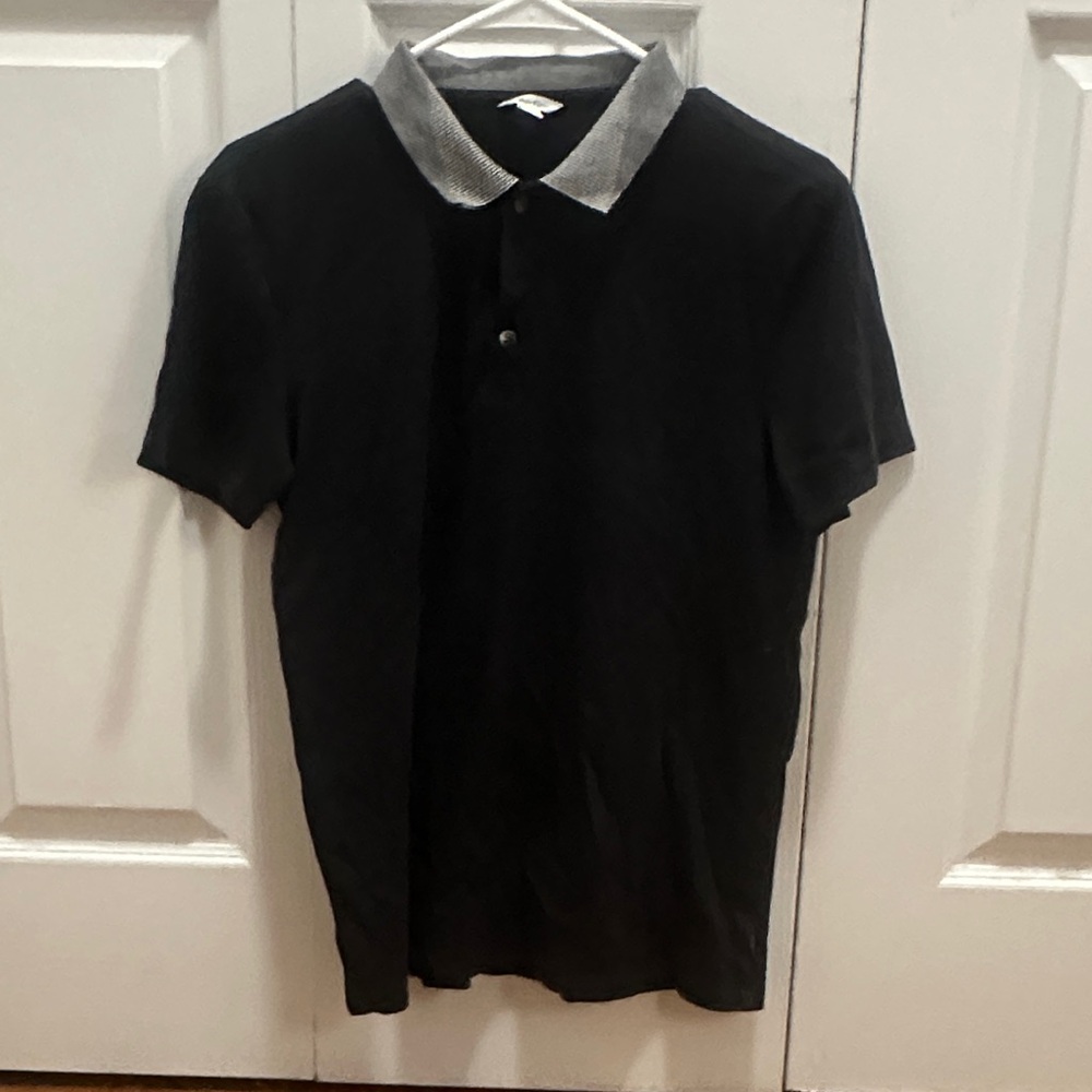 Calvin Klein Men's Black Polo Shirt with Patterned Collar